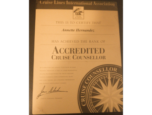 Annette's accreditation certificate from Cruise Lines International Association (CLIA)